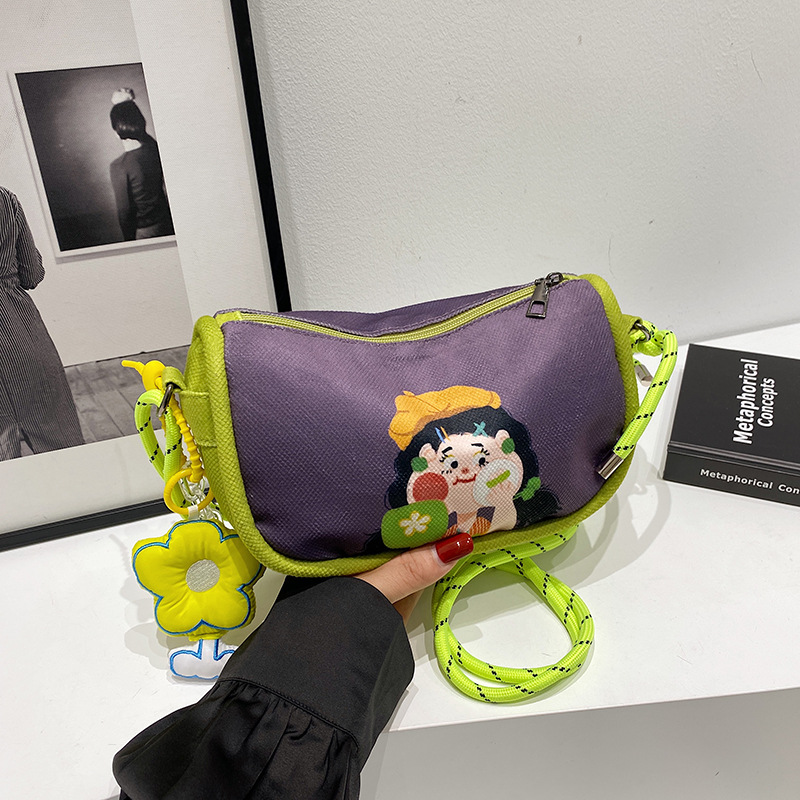 V888-ELOSUNG29678-202506111535-00 Whimsical Cartoon Girl Crossbody Bag - Lightweight Canvas with Adjustable Rope Strap & Flower Charm(Purple) - Image 1