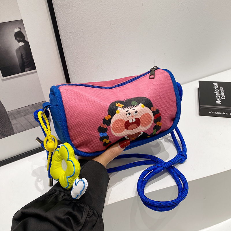 V888-ELOSUNG29679-202506111536-00 Whimsical Cartoon Girl Crossbody Bag - Lightweight Canvas with Adjustable Rope Strap & Flower Charm(Pink) - Image 1