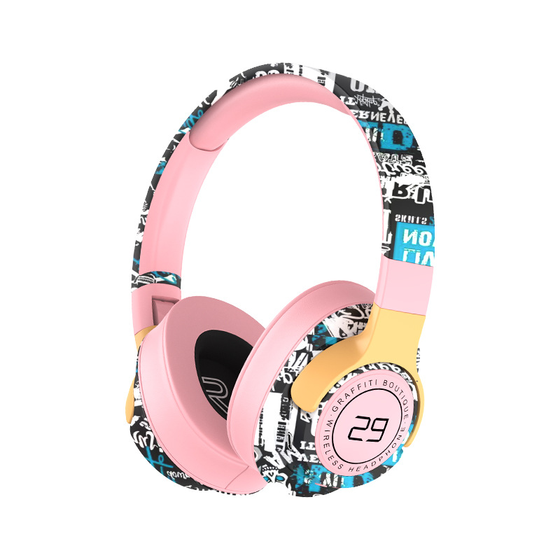 V888-ELOSUNG29917-202506191137-00 Trendy Graffiti Wireless Over-Ear Headphones - Bluetooth 5.1, HIFI 360 Surround Sound, 12H Playtime, Low Latency(pink) - Image 1