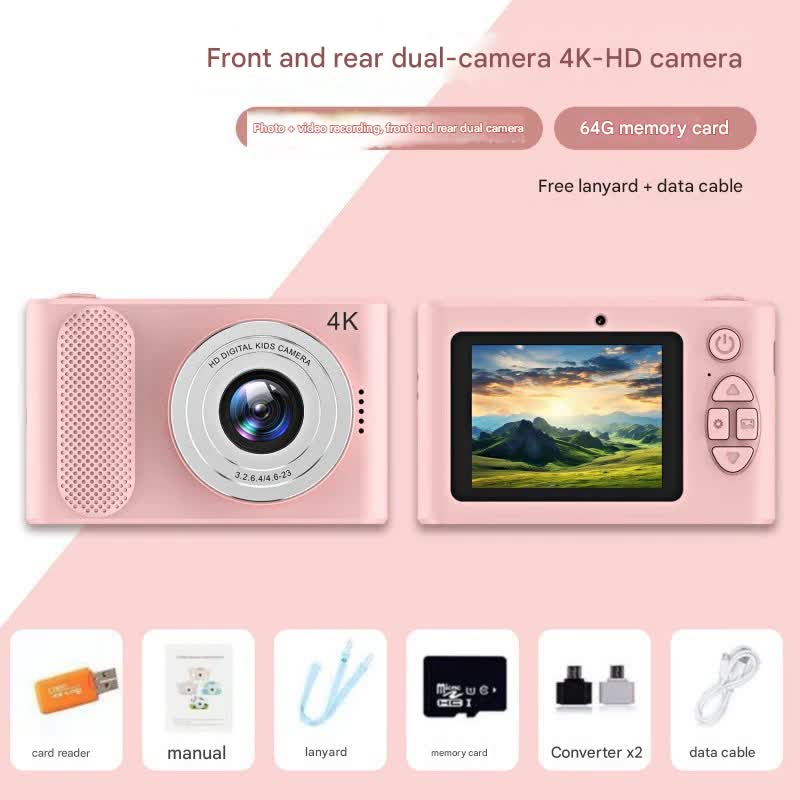 V888-ELOSUNG29935-202506191208-00 Ultra HD 4K Dual Lens Digital Camera - 44MP, 4X Zoom, 2.4" Screen, Complete with 64GB Card (pink) - Image 1
