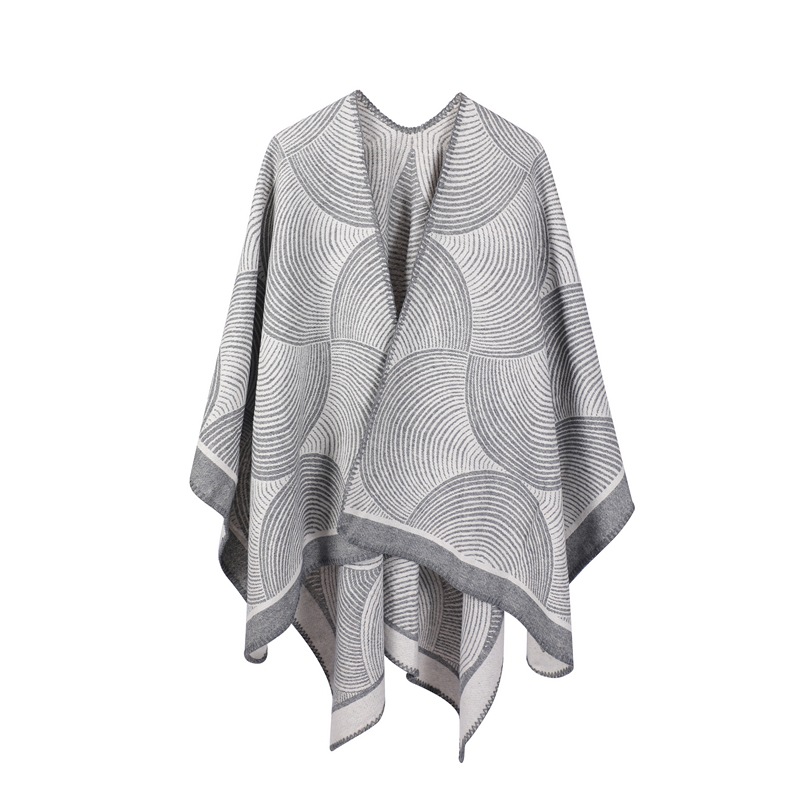 V888-ELOSUNG31049-202505231111-00 Grey Geometric Print Cape - Cozy Knit Poncho for Women (165x130cm) - Image 1