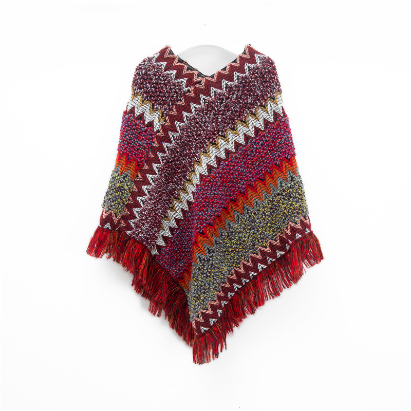 V888-ELOSUNG31052-202505231208-00 Wine red Lightweight Chevron Knit Poncho for Women - Elegant Fringed Shawl Wrap - Image 1