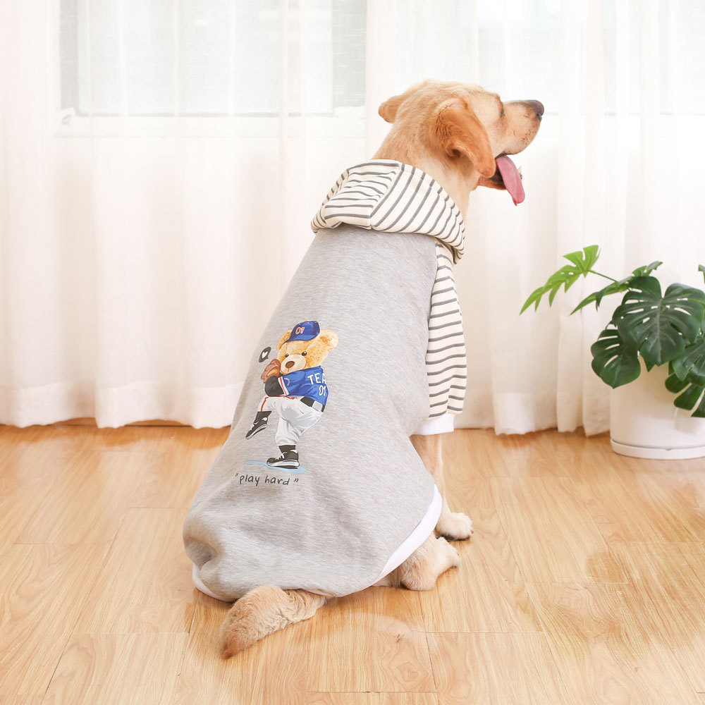 V888-ELOSUNG31070-202505231136-00 Autumn/Winter Dog Clothes - Grey Hoodie with Striped Hood & Baseball Bear (Size - S) - Image 1