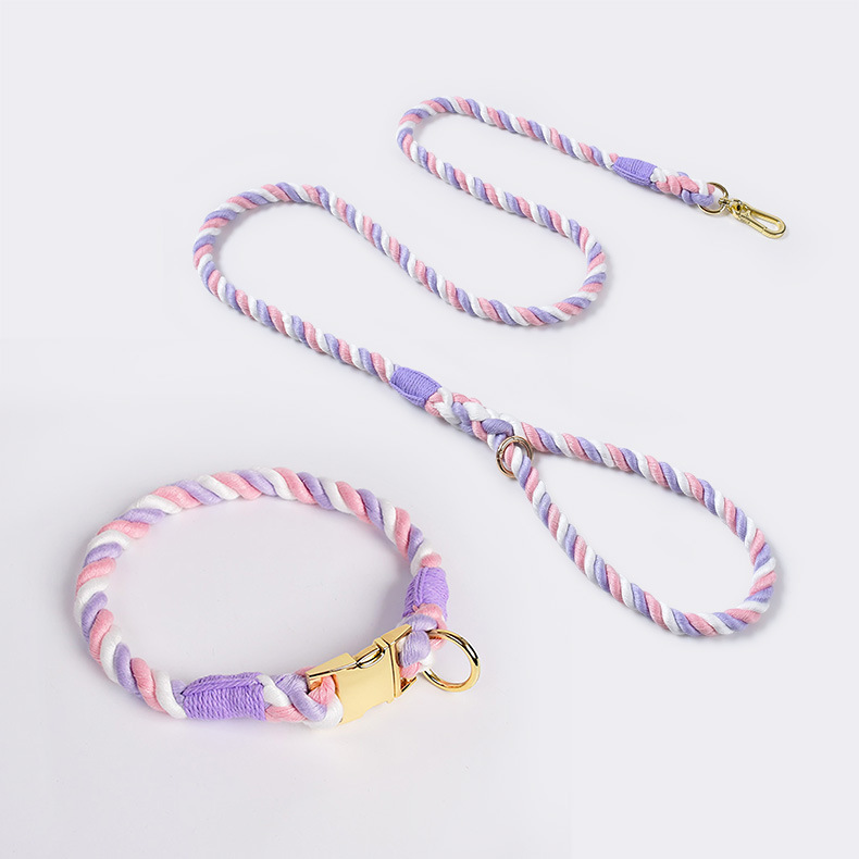 V888-ELOSUNG31084-202505231232-00 Handmade Gradient Rope Dog Collar & Leash Set - Colorful Braided Cotton (Pink purple - Size M) - Image 1