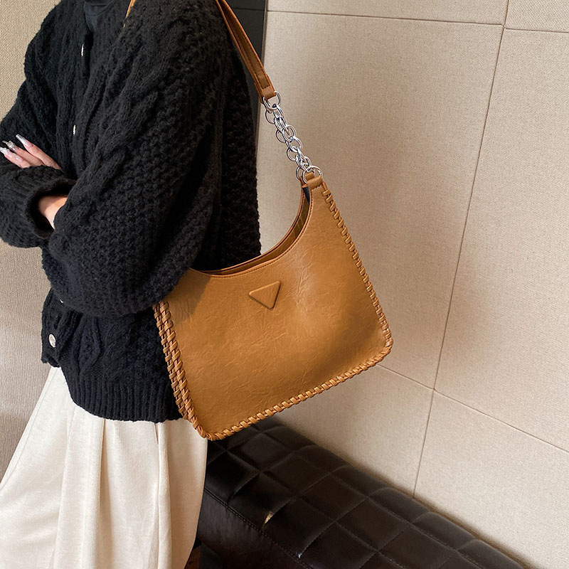 V888-ELOSUNG31102-202505231317-00 Brown Chic PU Leather Shoulder Bag with Chain Strap & Whipstitch Detail - Image 1