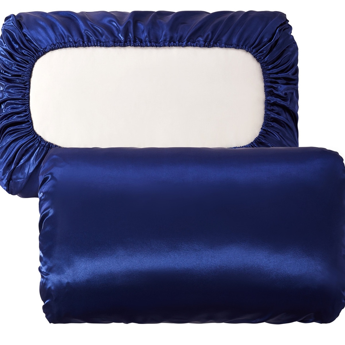 V888-ELOSUNG31121-202505231337-00 Navy blue Silky Satin Pillowcase Pair - Smooth for Hair & Skin, Elastic Fitted (46x70+16cm) - Image 1
