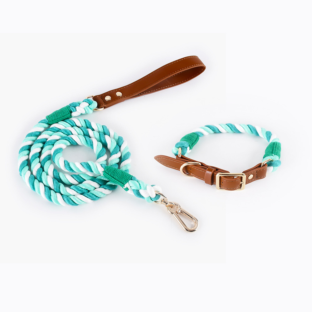V888-ELOSUNG31179-202505281122-00 Premium Leather Pet Collar and Leash - Soft, Strong Braided Rope (Double green - Size S) - Image 1