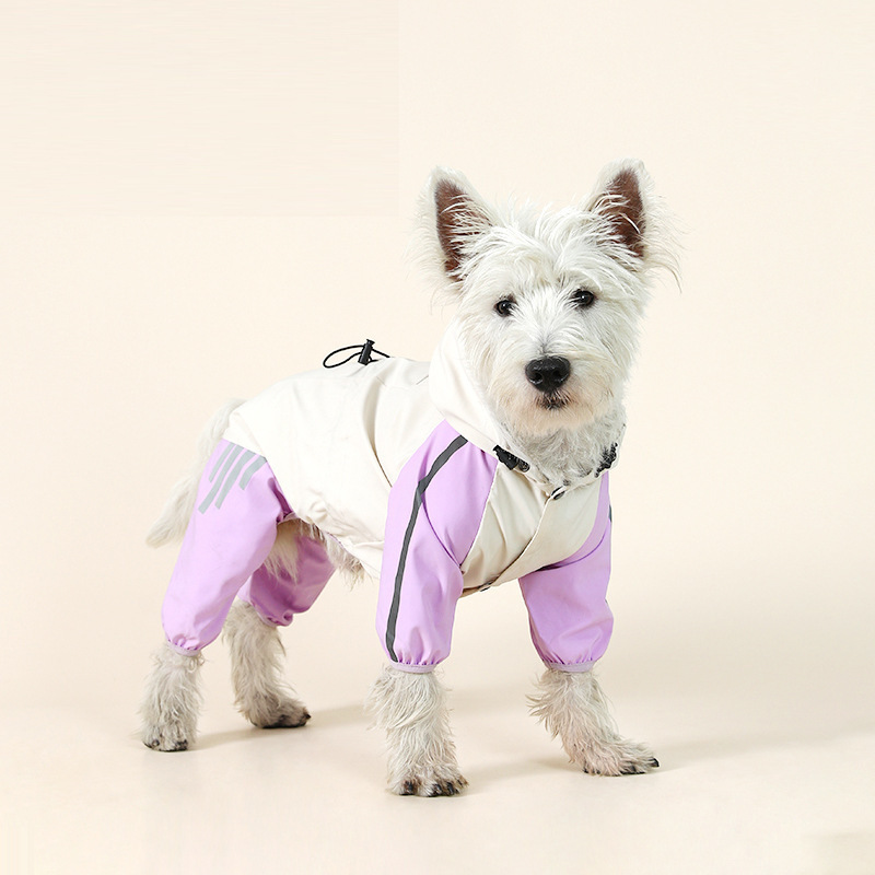 V888-ELOSUNG31190-202505281127-00 Colorblock (White Purple) Dog Raincoat - Waterproof with Hood and Reflective Strips (Size XL) - Image 1