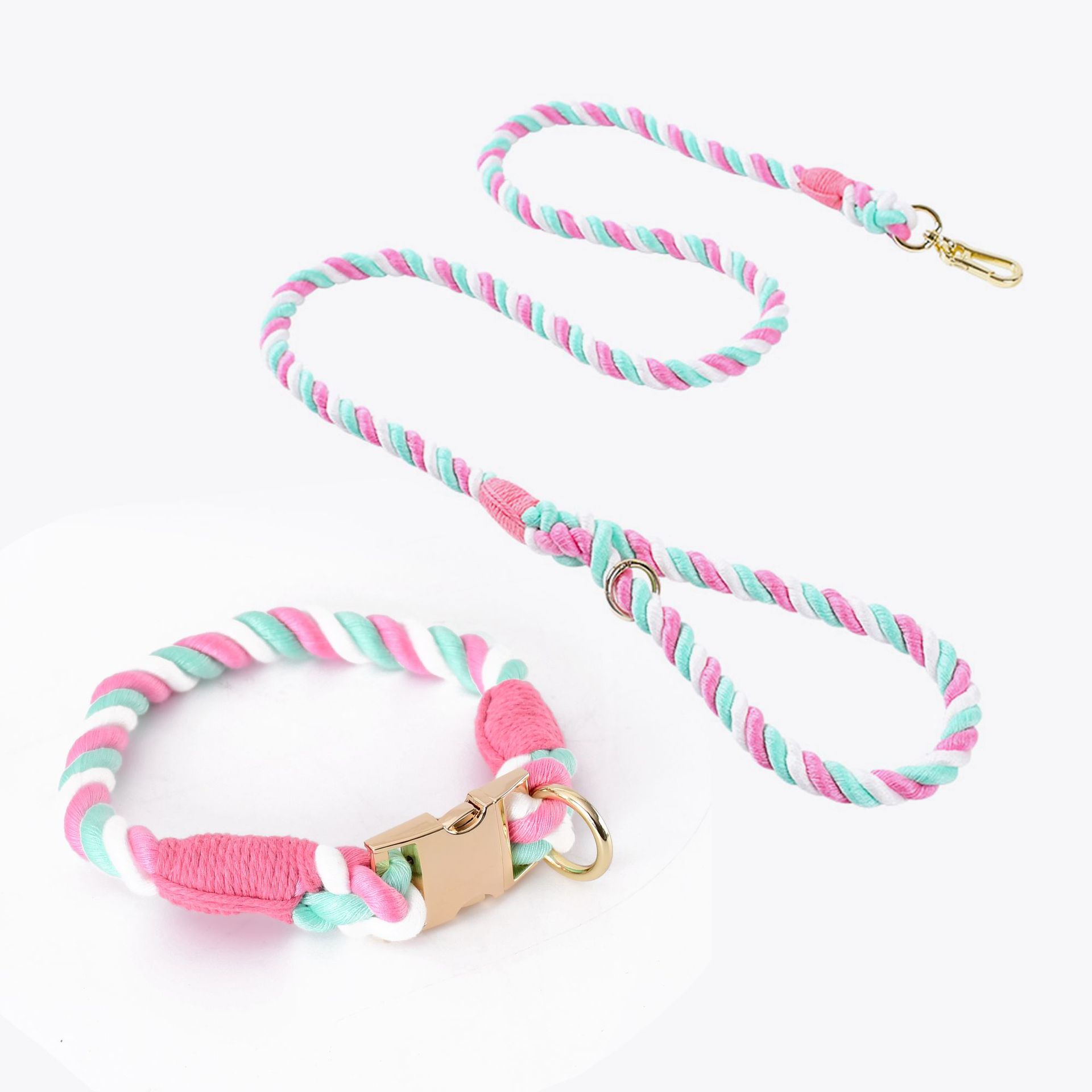 V888-ELOSUNG31196-202505281131-00 Handmade Rope Dog Collar and Leash Set - Colorful Woven Cotton (Pink - Size XL) - Image 1