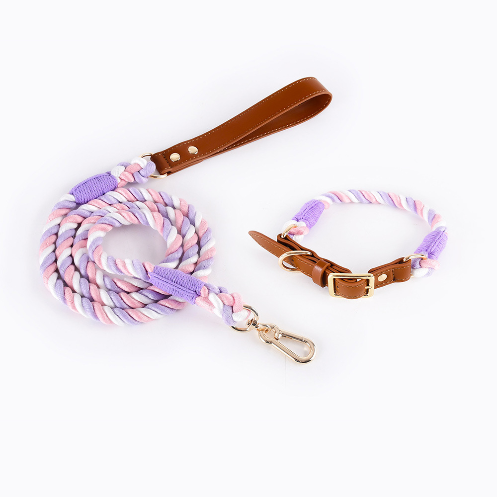 V888-ELOSUNG31214-202505281111-00 Premium Leather Pet Collar and Leash - Soft, Strong Braided Rope (Pink Purple - Size L) - Image 1