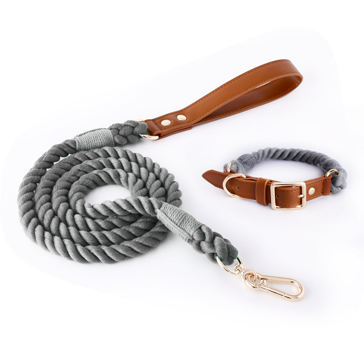 V888-ELOSUNG31278-202505301207-00 Premium Leather Pet Collar and Leash - Soft, Strong Braided Rope (Dark gray - Size L) - Image 1