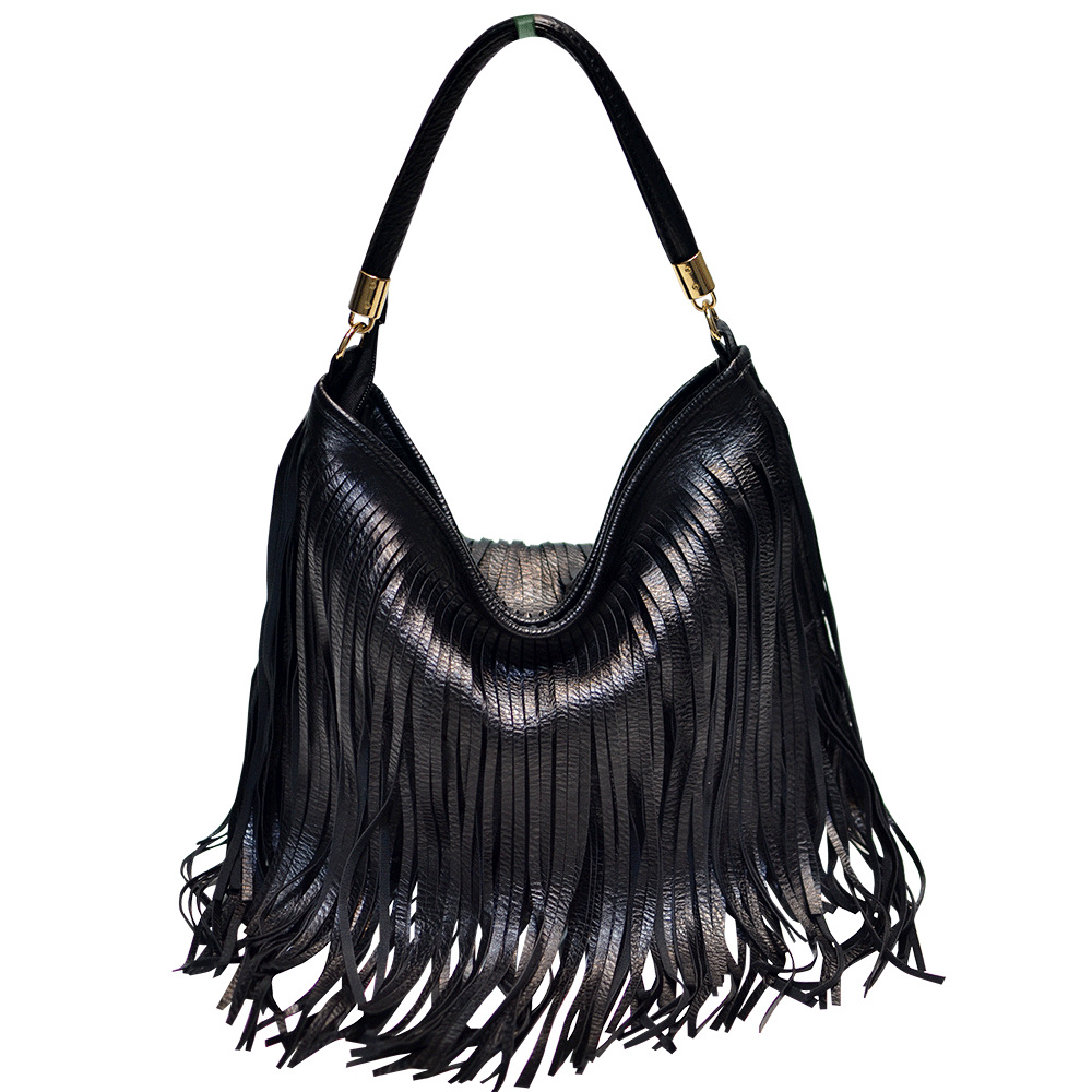 V888-ELOSUNG32009-202505261615-00 Chic Black Double Fringe Hobo Bag - Convertible Microfiber Leather Shoulder & Crossbody Purse - Image 1