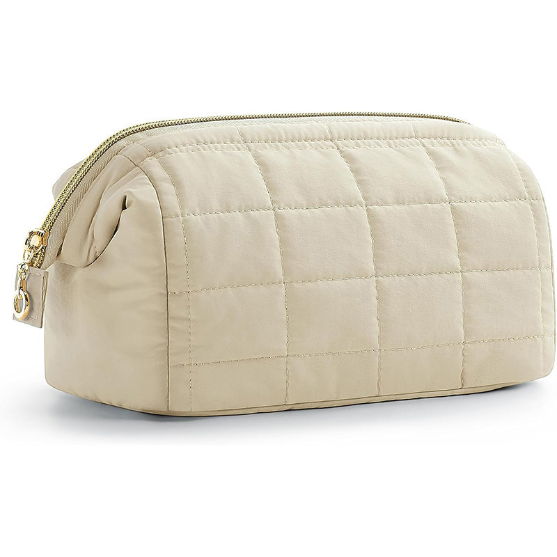 V888-ELOSUNG32036-202505261517-00 Beige Chic Quilted Puffer Makeup Bag - Large Capacity Travel Cosmetic Organizer with Wide Opening - Image 1