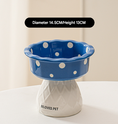 V888-ELOSUNG32047-202505261526-00 Blue Adorable Mushroom Ceramic Elevated Cat Bowl - Anti-Vomiting & Spine Protecting Pet Feeder with Polka Dots - Image 1