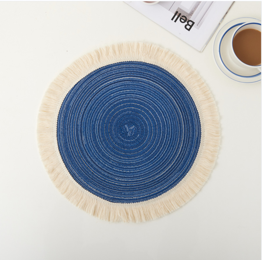 V888-ELOSUNG32079-202505281116-00 Blue Chic Round Woven Placemats with Tassel Fringe - Set of 4, Cotton Ramie Blend, Heat Resistant Table Mats - Image 1