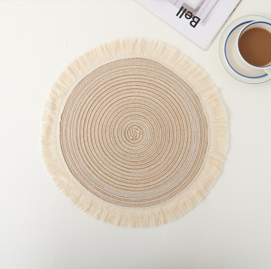 V888-ELOSUNG32080-202505281116-00 Beige Chic Round Woven Placemats with Tassel Fringe - Set of 4, Cotton Ramie Blend, Heat Resistant Table Mats - Image 1
