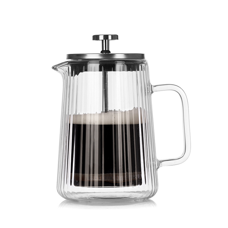 V888-ELOSUNG32107-202505281027-00 Transparent Elegant Ribbed Double Wall Glass French Press - 650ml Heat Resistant Coffee and Tea Maker with Stainless Steel Filter - Image 1