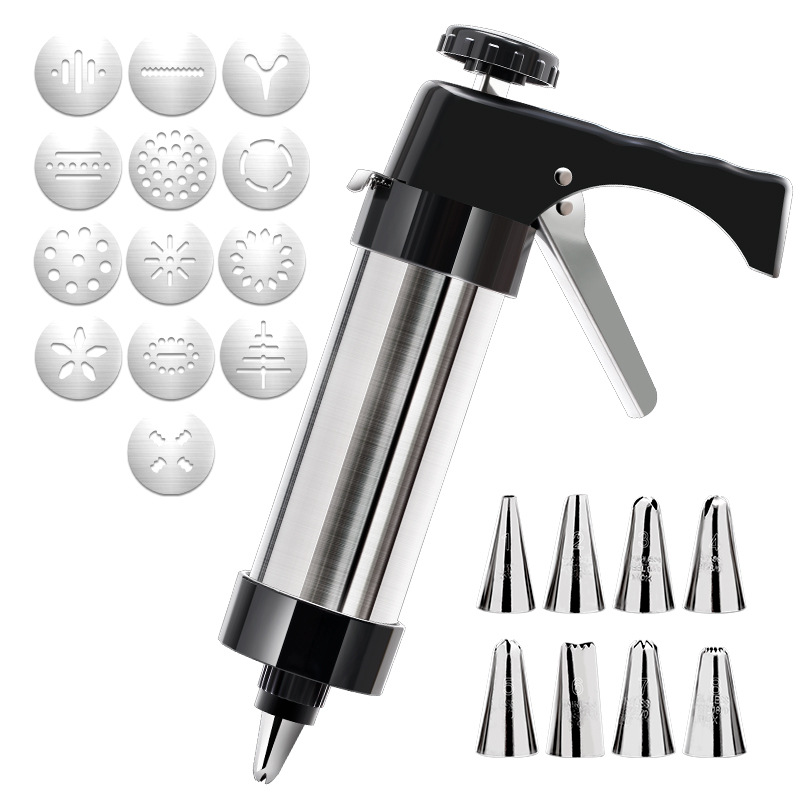 V888-ELOSUNG32141-202505301143-00 Silver and Black Stainless Steel Cookie Press Gun Kit - Biscuit Maker & Icing Decorating Set with 13 Discs & 8 Nozzles - Image 1