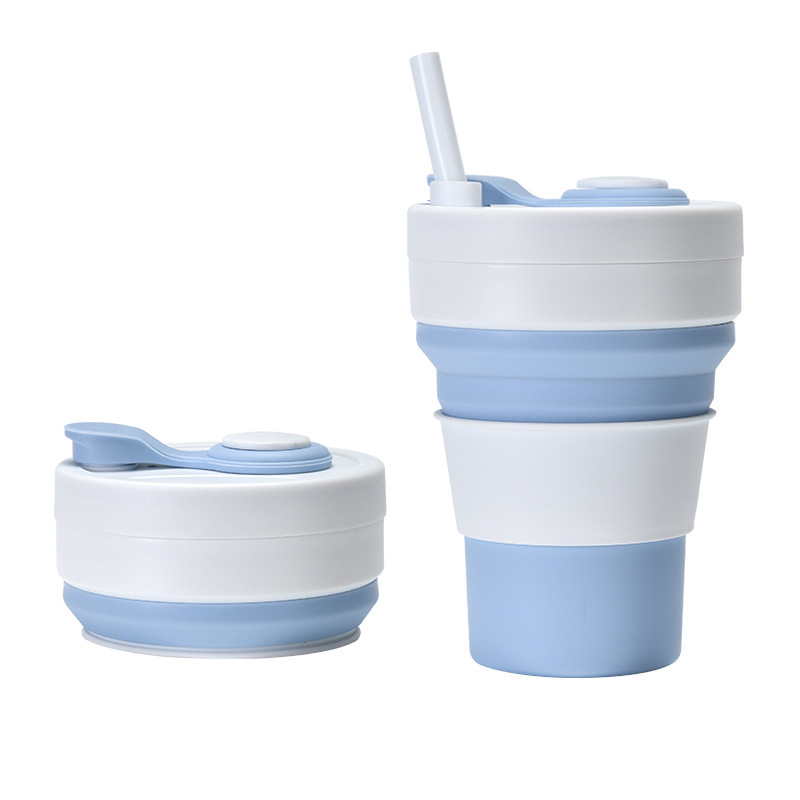 V888-ELOSUNG32217-202506051905-00 2 Pcs White and Blue 350ml Collapsible Silicone Travel Cup - Portable, Leak-Proof & Food-Grade Drinking Mug with Lid, Insulating Sleeve & Straw - Image 1