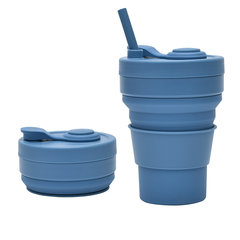 V888-ELOSUNG32218-202506051910-00 2 Pcs Dark Blue 350ml Collapsible Silicone Travel Cup - Portable, Leak-Proof & Food-Grade Drinking Mug with Lid, Insulating Sleeve & Straw - Image 1