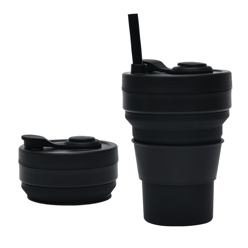 V888-ELOSUNG32222-202506051911-00 2 Pcs Black 350ml Collapsible Silicone Travel Cup - Portable, Leak-Proof & Food-Grade Drinking Mug with Lid, Insulating Sleeve & Straw - Image 1