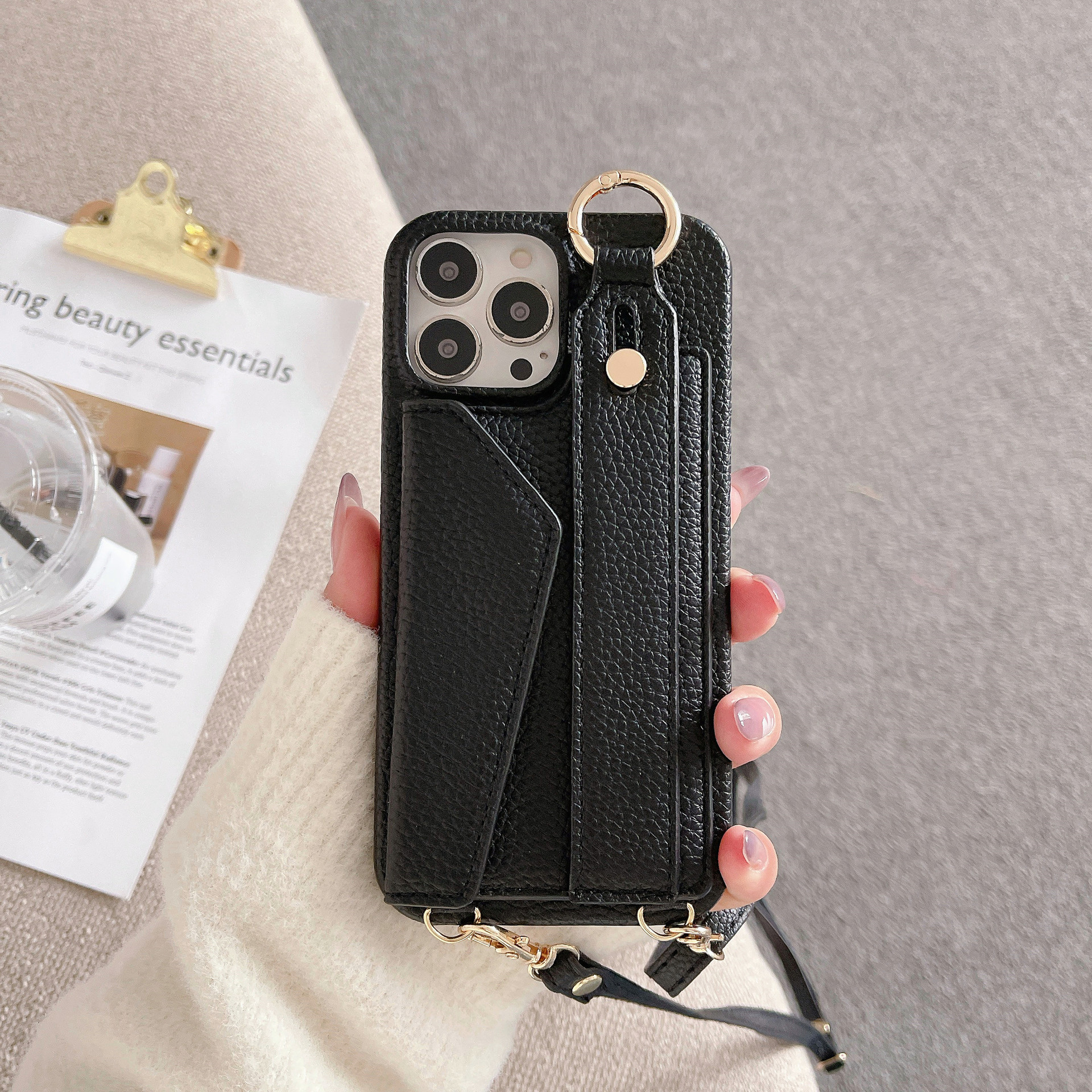 V888-ELOSUNG32230-202506051913-00 Black Chic PU Leather Crossbody Wallet Case for iPhone 16 Pro - Card Holder with Detachable Strap & Finger Ring Grip - Image 1