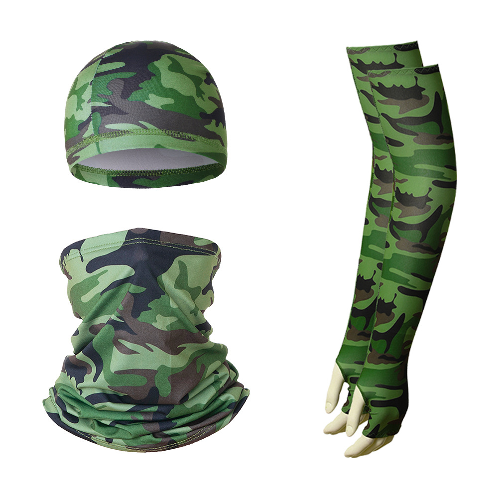 V888-ELOSUNG32269-202506091241-00 2 Sets Green Camouflage Cooling UV Protection Set - 2 Skull Cap, 2 Neck Gaiter & 4 Arm Sleeves for Outdoor Sports - Image 1