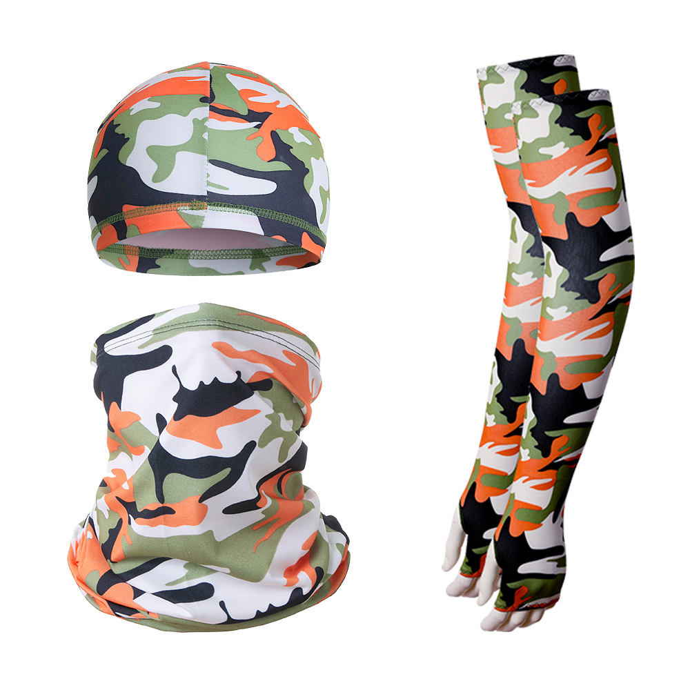 V888-ELOSUNG32272-202506091241-00 2 Sets Orange Camouflage Cooling UV Protection Set - 2 Skull Cap, 2 Neck Gaiter & 4 Arm Sleeves for Outdoor Sports - Image 1