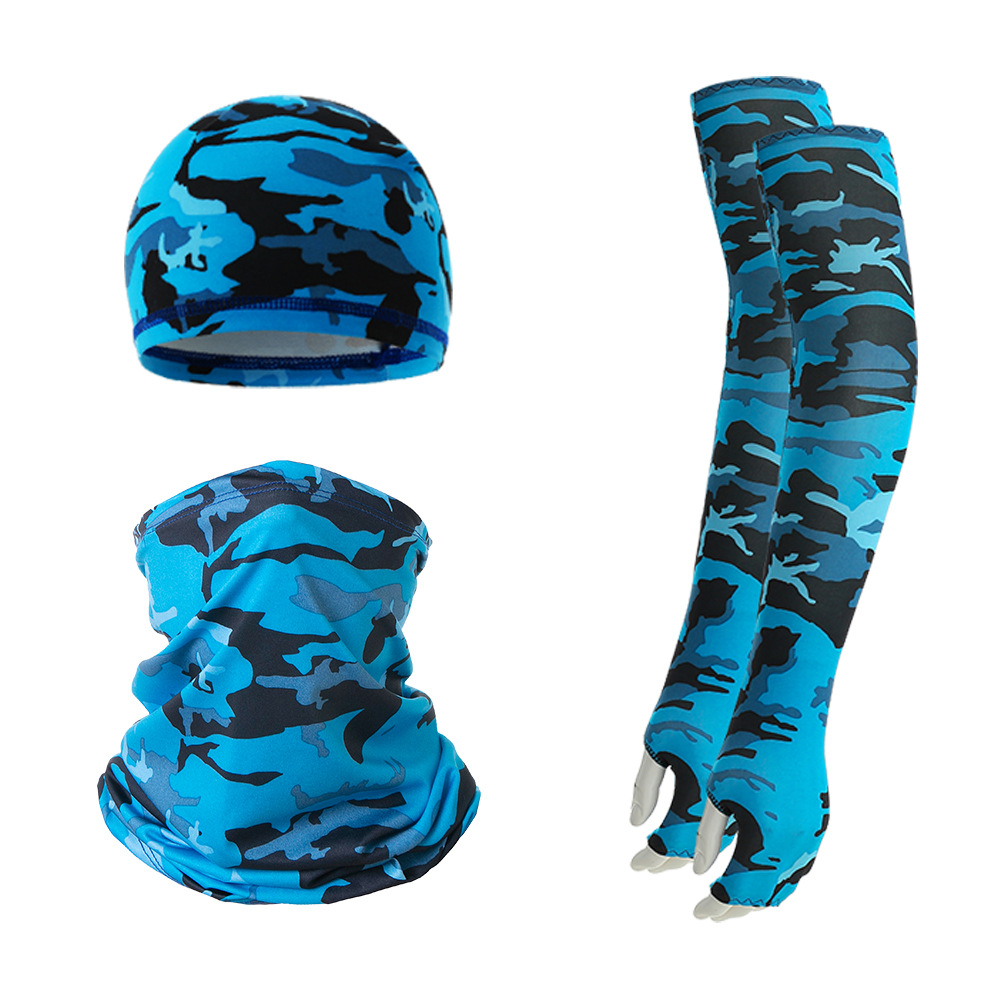 V888-ELOSUNG32274-202506091242-00 2 Sets Blue Camouflage Cooling UV Protection Set - 2 Skull Cap, 2 Neck Gaiter & 4 Arm Sleeves for Outdoor Sports - Image 1