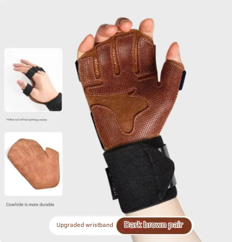 V888-ELOSUNG32304-202506091613-00 Size XL Dark Brown Premium Cowhide Leather Weightlifting Gloves with Wrist Support - Non-Slip Grip, Breathable Fitness Workout Gloves for Gym, WODs, Dumbbells - Image 1