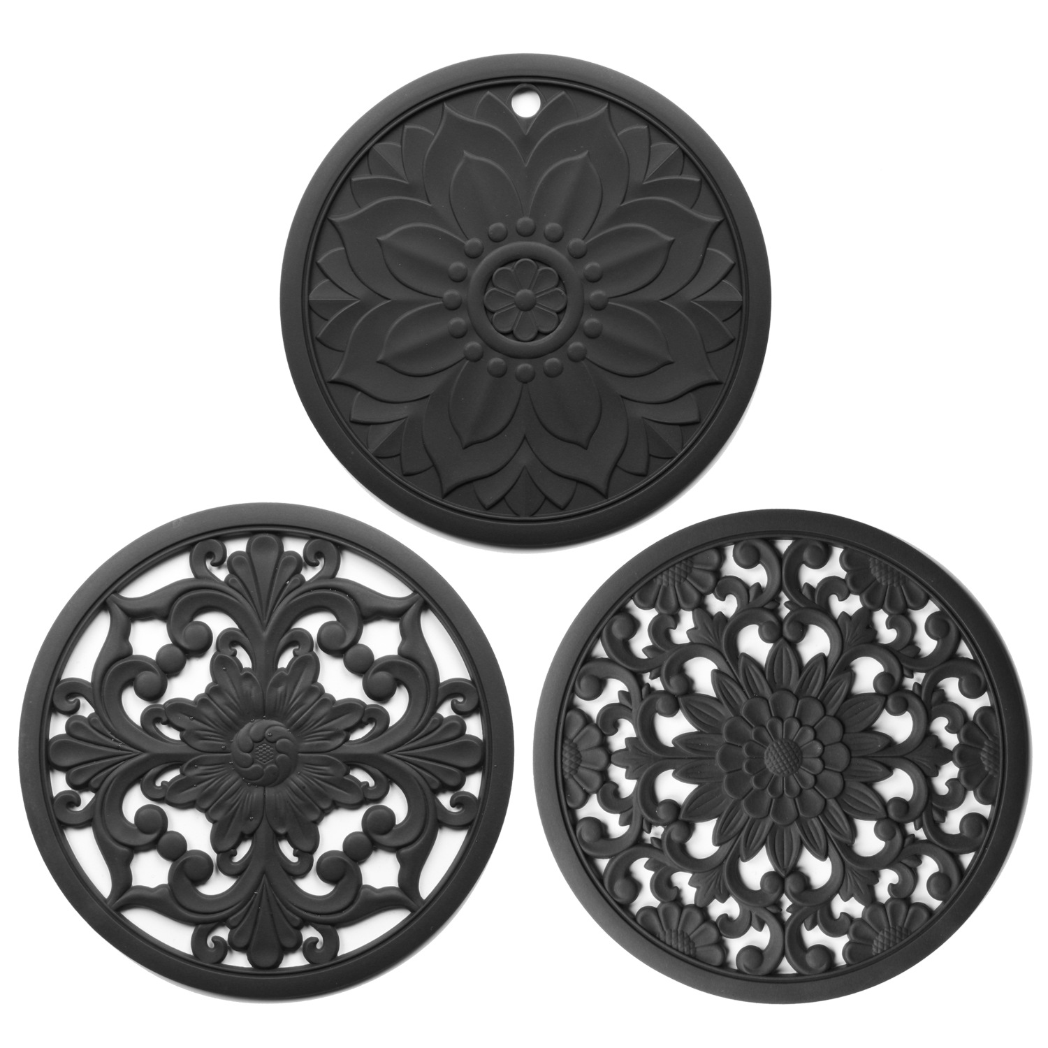 V888-ELOSUNG32338-202506111515-00 Elegant Floral Silicone Trivet Mat Set (3-Pack, Black) - Heat Resistant, Non-Slip Kitchen Hot Pads & Pot Holders - Image 1