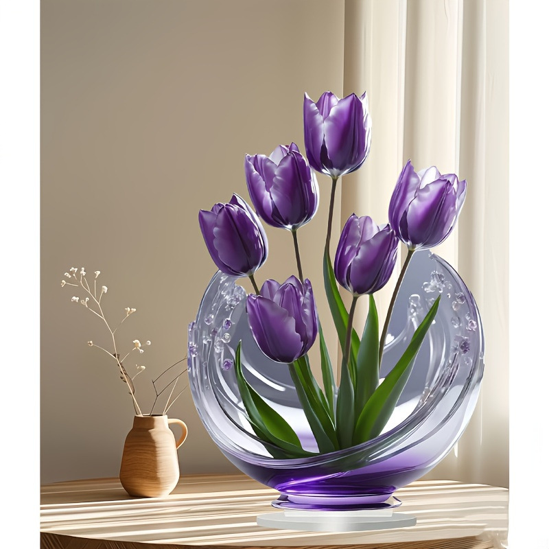 V888-ELOSUNG32361-202506190716-00 2 Pcs Charming Purple Tulip 2D Acrylic Ornament - Flat Floral Tabletop Art Decor Accent - Image 1
