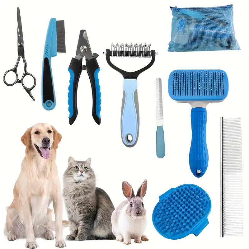 V888-ELOSUNG32402-202506190629-00 Blue Professional 9-Piece Pet Grooming Kit - DeShedding Brushes, Nail Clippers, Combs & Scissors Set for Dogs, Cats & Rabbits with Storage Bag - Image 1