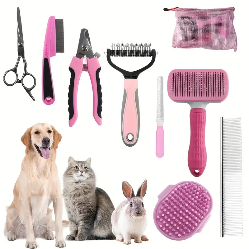 V888-ELOSUNG32403-202506190630-00 Pink Professional 9-Piece Pet Grooming Kit - DeShedding Brushes, Nail Clippers, Combs & Scissors Set for Dogs, Cats & Rabbits with Storage Bag - Image 1