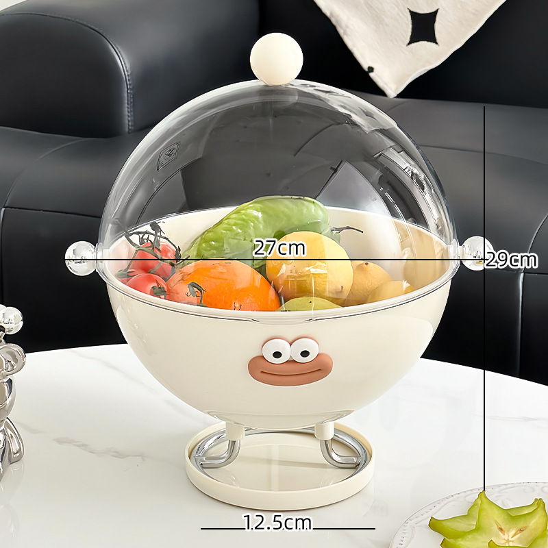 V888-ELOSUNG32430-202506191322-00 Beige Whimsical Covered Fruit Bowl with Flip Lid & Drainer - Cute Design Snack & Candy Dish for Living Room - Image 1