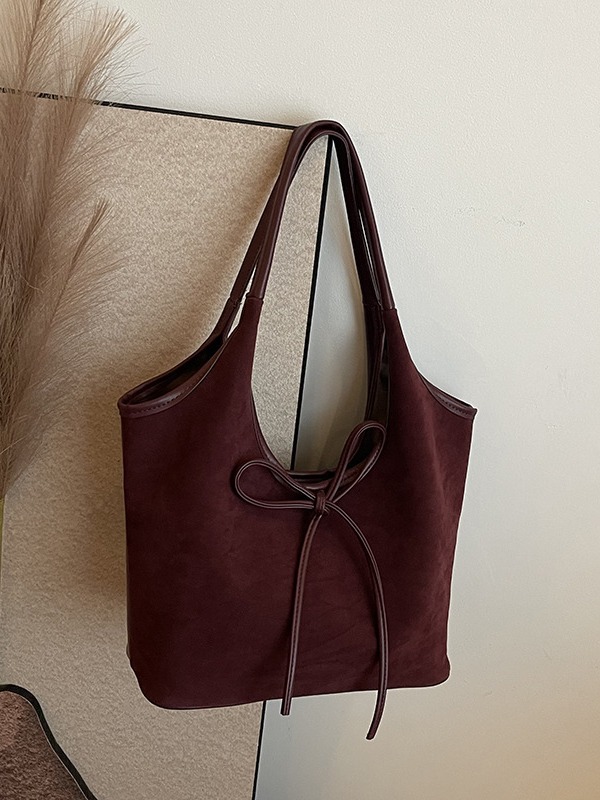 V888-ELOSUNG32449-202506191113-00 Claret Red Chic Retro Suede-Finish PU Leather Tote Bag - Large Capacity Shoulder Bag with Tie Accent - Image 1