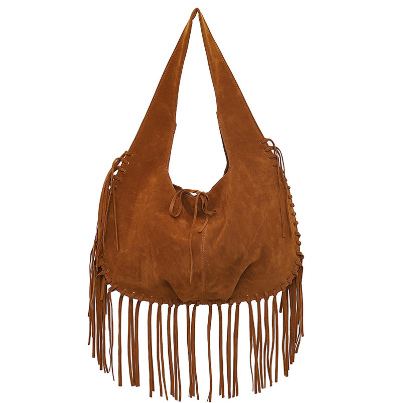 V888-ELOSUNG32456-202506191152-00 Brown Boho Chic Fringed Hobo Bag - Large Capacity Soft Faux Suede Shoulder Tote with Tassel Detail - Image 1