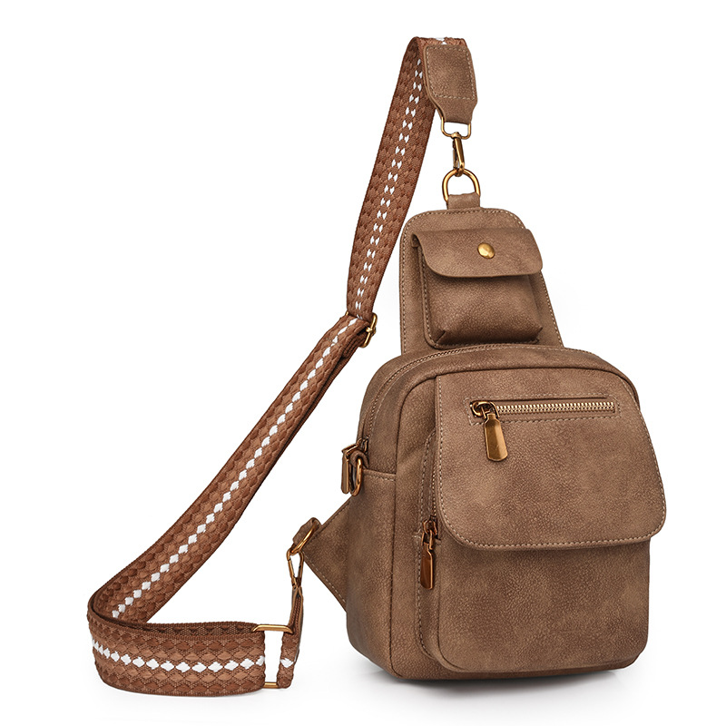 V888-ELOSUNG32579-202506241149-00 Brown Stylish PU Leather Sling Crossbody Bag for Women - Multi-Pocket Chest Pack with Adjustable Wide Strap - Image 1