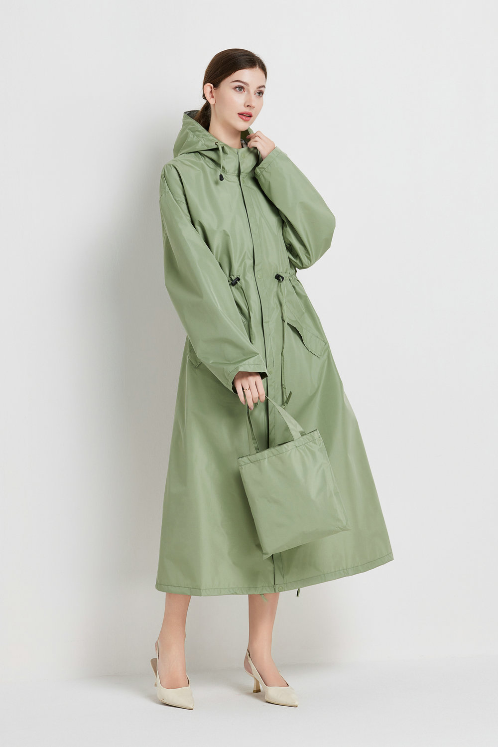 V888-ELOSUNG32630-202506241045-00 Size M Green Women's Chic Lightweight Waterproof Raincoat - Long Hooded Packable Rain Jacket with Pouch - Image 1