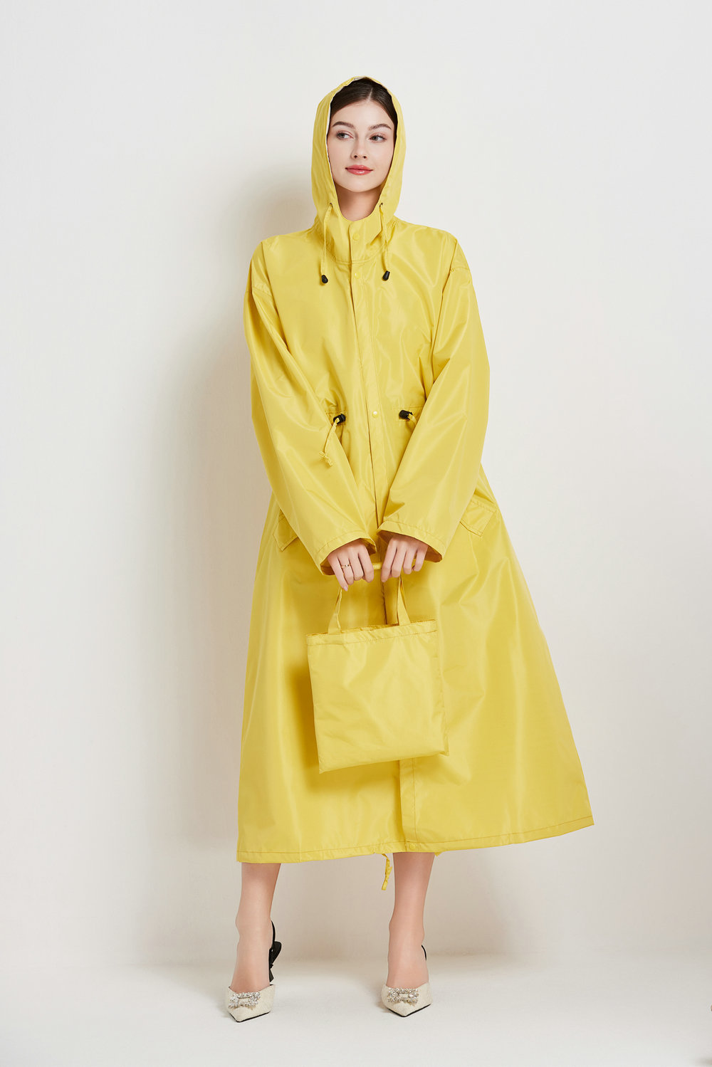 V888-ELOSUNG32645-202506241121-00 Size XL Yellow Women's Chic Lightweight Waterproof Raincoat - Long Hooded Packable Rain Jacket with Pouch - Image 1