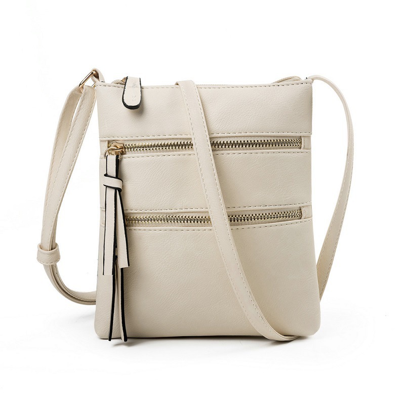 V888-ELOSUNG32653-202506241122-00 Beige Compact Women's Crossbody Bag - Adjustable Strap, Double Zipper Closure, 18x21cm Lightweight PU Leather Shoulder Bag - Image 1