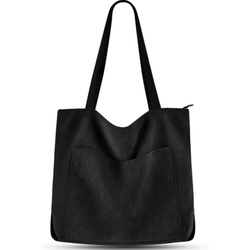 V888-ELOSUNG32662-202506250942-00 Black Stylish Corduroy Canvas Tote Bag - Fashionable and Retro Shoulder Bag - Image 1