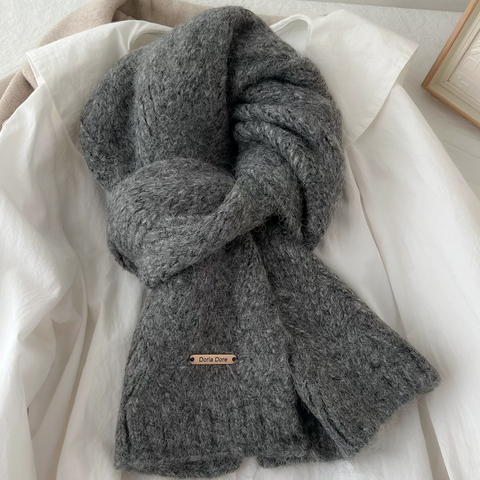 V888-ELOSUNG32667-202506250953-00 Dark Grey Alpaca Wool Blend Solid Color Knitted Scarf for Women Winter New Style Student High Quality Couple Woolen Neck Warmer - Image 1