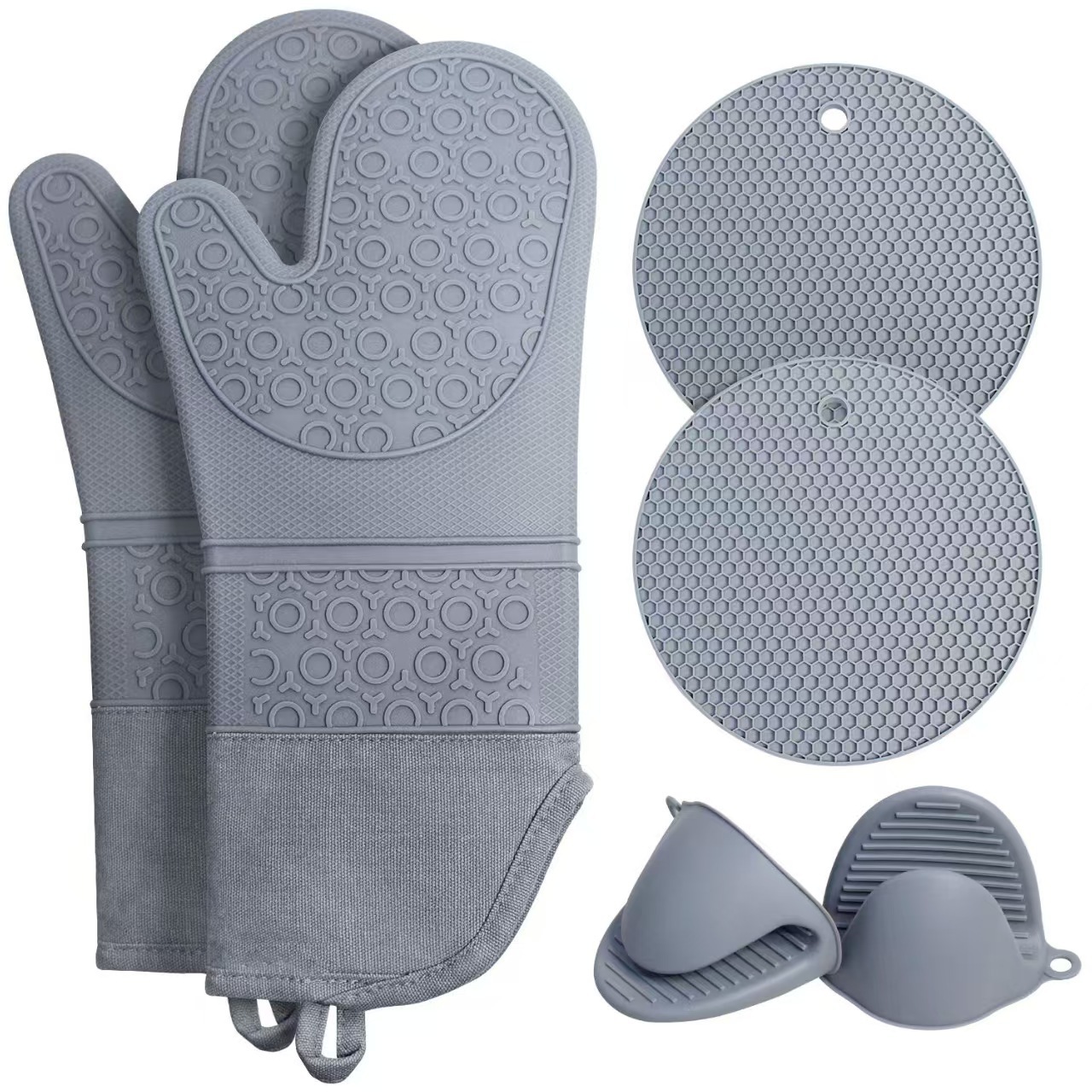 V888-ELOSUNG32825-202507041041-00 Grey 6-Piece Silicone Oven Mitts and Pot Holders Set - Extra Long Waterproof Heat Resistant Gloves with Non-Slip Grip for Kitchen Baking BBQ - Image 1