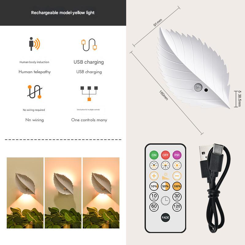 V888-ELOSUNG32831-202507041025-00 White Leaf-Shaped LED Motion Sensor Night Light - USB Rechargeable Wireless Wall Lamp with Remote Control - Image 1