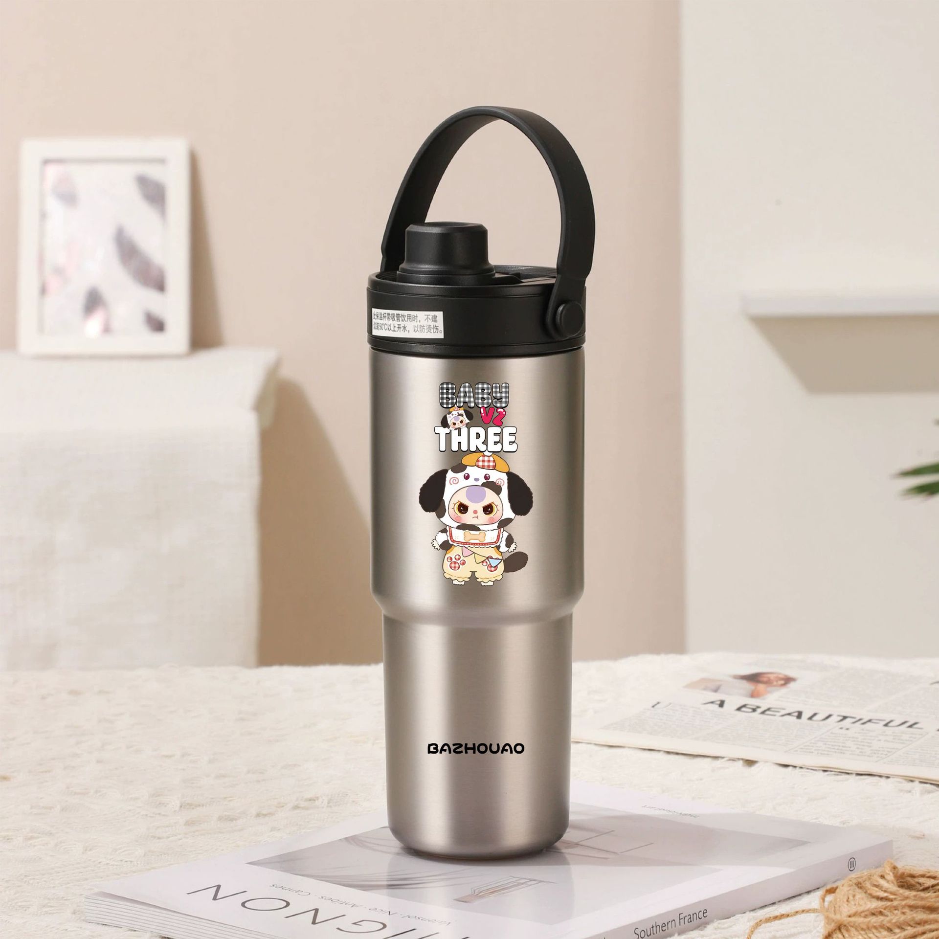 V888-ELOSUNG33007-202505261620-00 Silver - Baby 3 30oz Ceramic-Lined Insulated Tumbler with Handle, 735ml Stainless Steel Travel Mug - Image 1