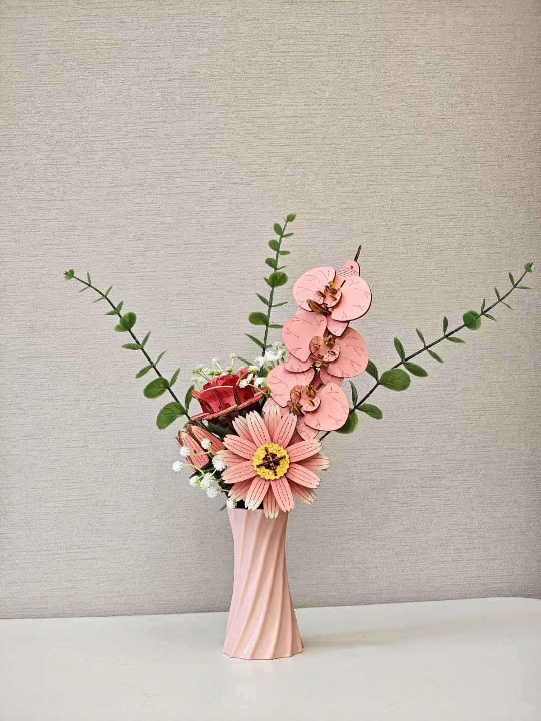 V888-ELOSUNG33042-202505261525-00 Pink DIY 3D Wooden Flower Bouquet Puzzle Set with Vase - Craft Kit for Kids and Adults - Image 1