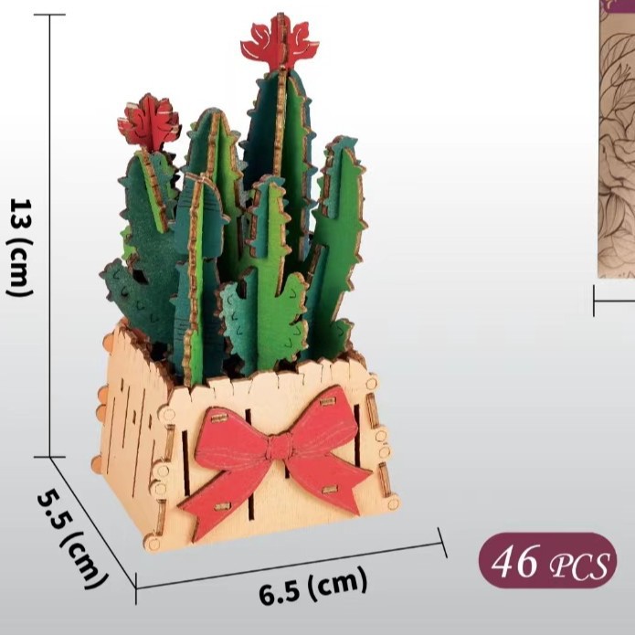 V888-ELOSUNG33047-202505261527-00 Thousand Flowers DIY 3D Wooden Cactus Puzzle with Red Flowers - 46-Piece Kids' Craft Toy - Image 1