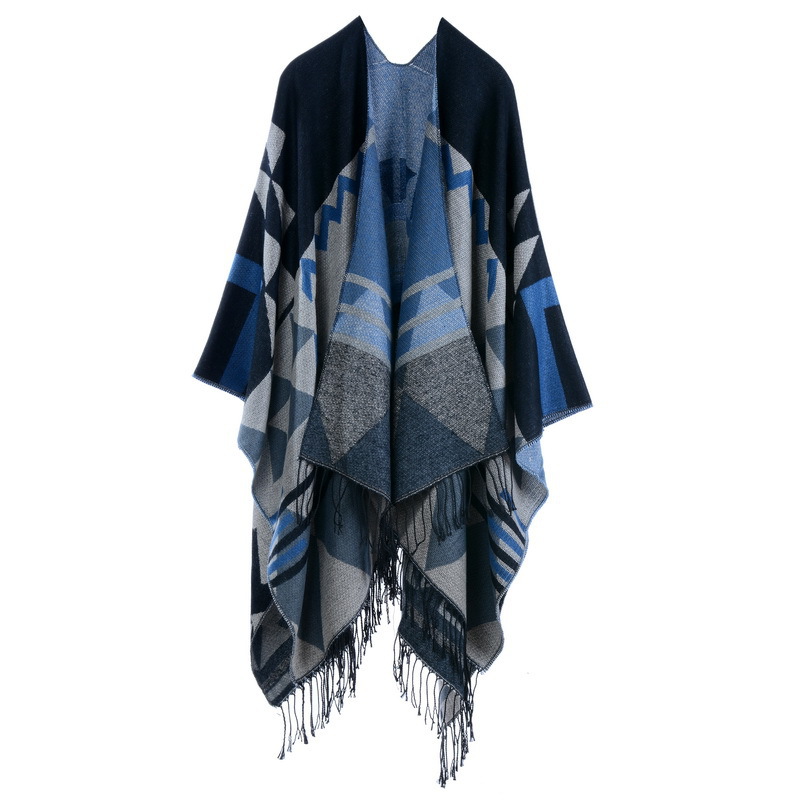 V888-ELOSUNG33079-202505281130-00 Black Blue Palindrome Fringe Bohemian Fringe Shawl Cloak - 160 x 135 cm Ethnic Inner Mongolia Style Double-Sided Scarf Cape - Image 1