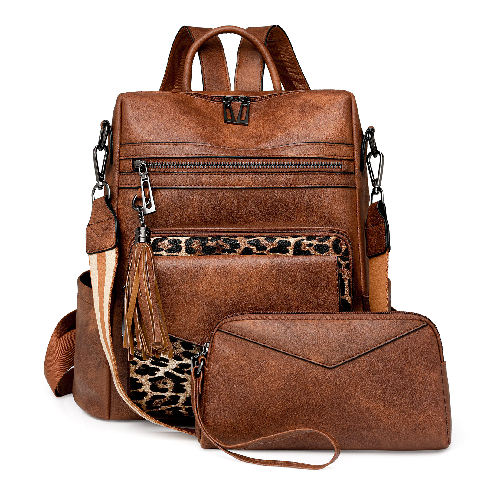V888-ELOSUNG33185-202506061516-00 Brown with Leopard Print Women's Retro PU Leather Backpack - Dual-Color Tassel Design, Winter High-End Style - Image 1